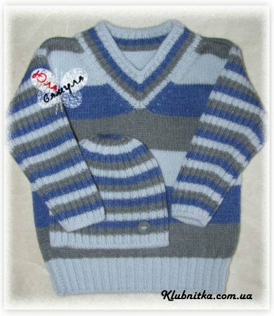 Вязаный спицами полосатый комплект для мальчика, свитер с V-образным вырезом + шапочка резинкой 2/2